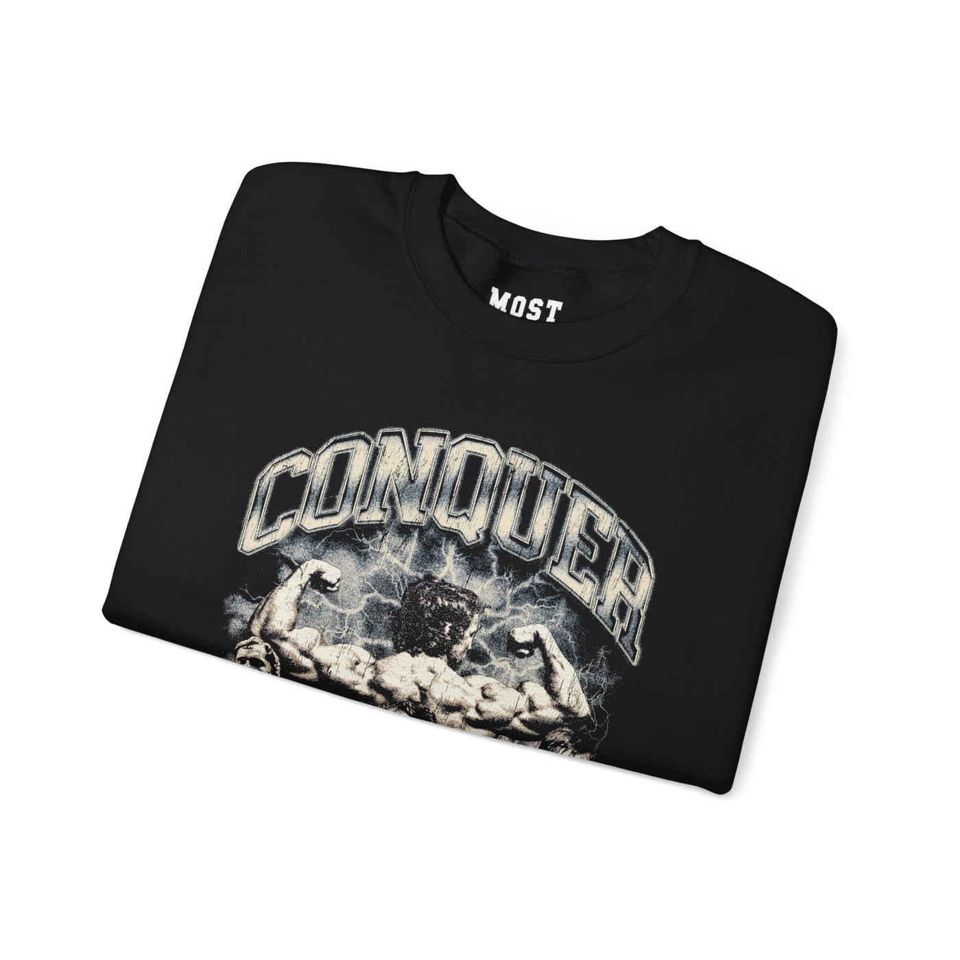 Arnold Schwarzenegger Conquer gym pump cover crewneck folded showing black fleece fabric and relaxed fit