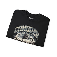 Arnold Schwarzenegger Conquer gym pump cover crewneck folded showing black fleece fabric and relaxed fit