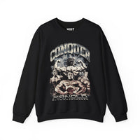 Arnold Schwarzenegger Conquer gym pump cover crewneck front flat lay on white background