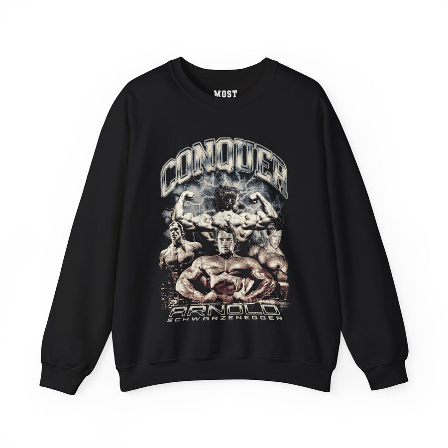 Arnold Schwarzenegger Conquer gym pump cover crewneck front flat lay on white background