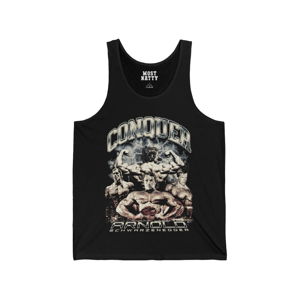 Most Natty Conquer gym tank top front flat lay on white background