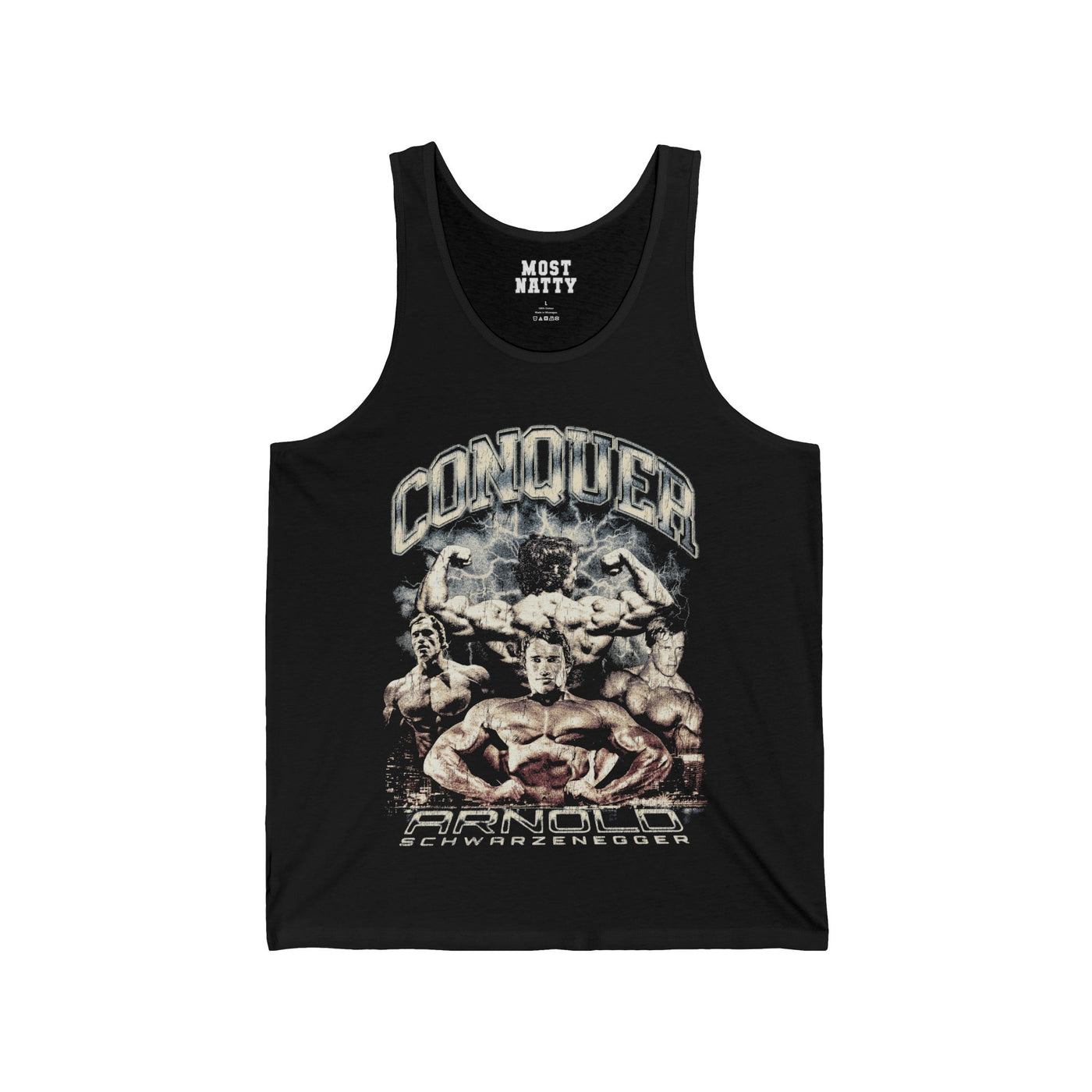 Most Natty Conquer gym tank top front flat lay on white background
