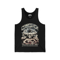 Most Natty Conquer gym tank top front flat lay on white background
