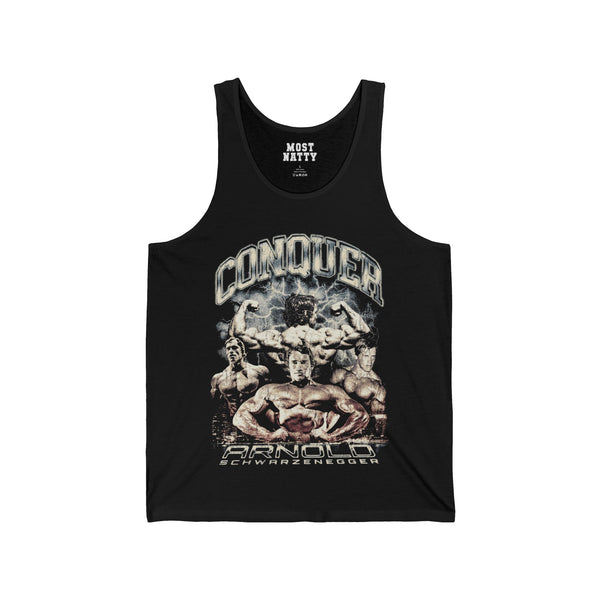Most Natty Conquer gym tank top front flat lay on white background