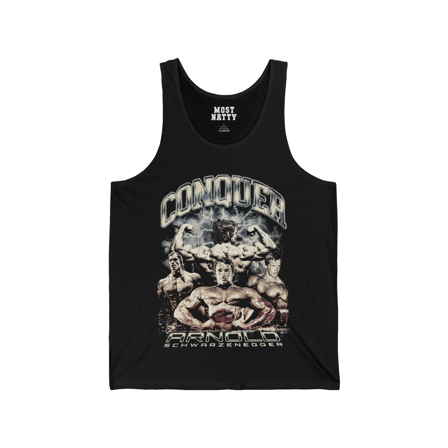 Most Natty Conquer gym tank top front flat lay on white background