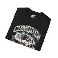 Most Natty Conquer gym t-shirt folded showing black garment fabric and classic fit
