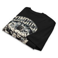 Most Natty Conquer oversized gym t-shirt folded showing black garment fabric and drop-shoulder cut