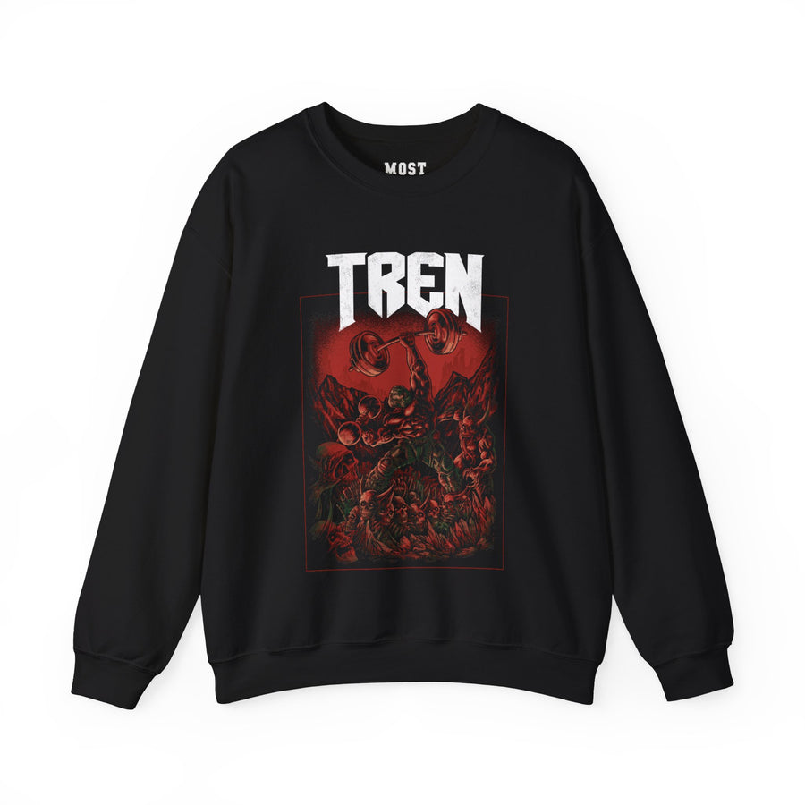 Doom Tren Slayer gym pump cover crewneck front flat lay on white background