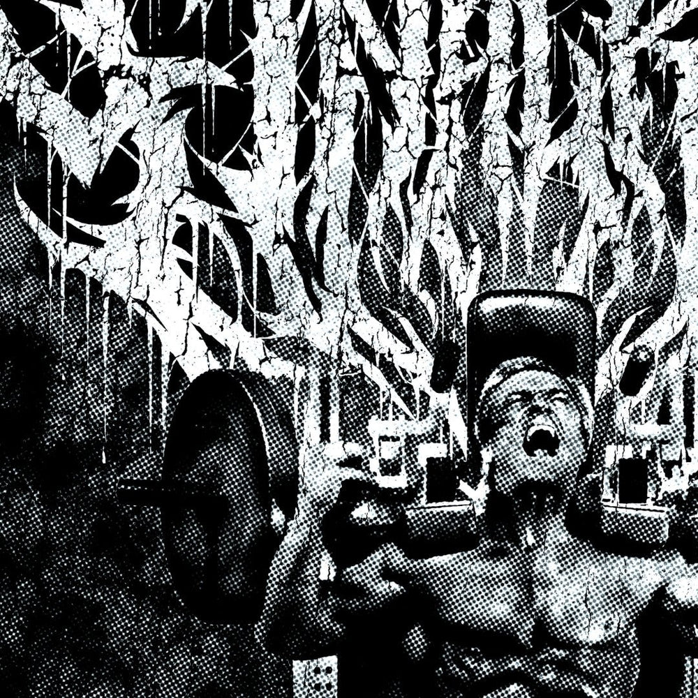Close-up detail of Tom Platz Final Rep black and white death metal album art style graphic with halftone effect and metal typography showing halftone print texture