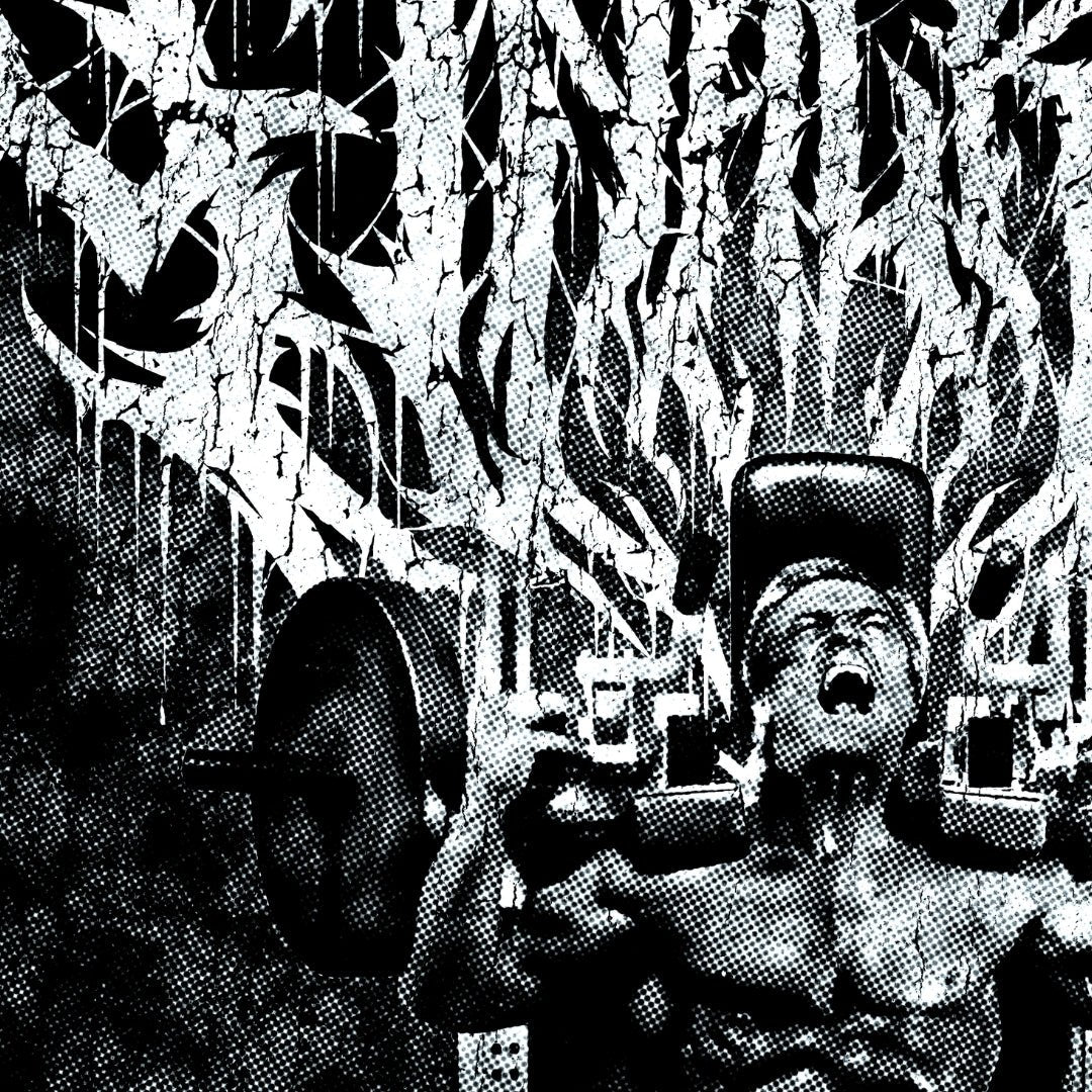 Close-up detail of Tom Platz Final Rep black and white death metal album art style graphic with halftone effect and metal typography showing halftone print texture