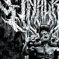 Close-up detail of Tom Platz Final Rep black and white death metal album art style graphic with halftone effect and metal typography showing halftone print texture