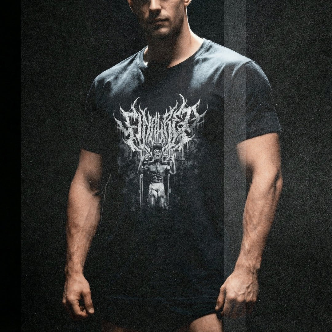 Model wearing Most Natty Final Rep bodybuilding t-shirt showing relaxed classic fit in dark setting