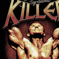 Close-up detail of Lee Priest Giant Killer vintage tribute with cracked and worn texture treatment showing cracked vintage print texture