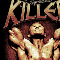 Close-up detail of Lee Priest Giant Killer vintage tribute with cracked and worn texture treatment showing cracked vintage print texture