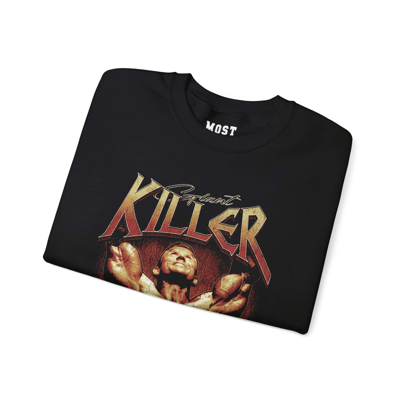 Lee Priest Giant Killer gym pump cover crewneck folded showing black fleece fabric and relaxed fit