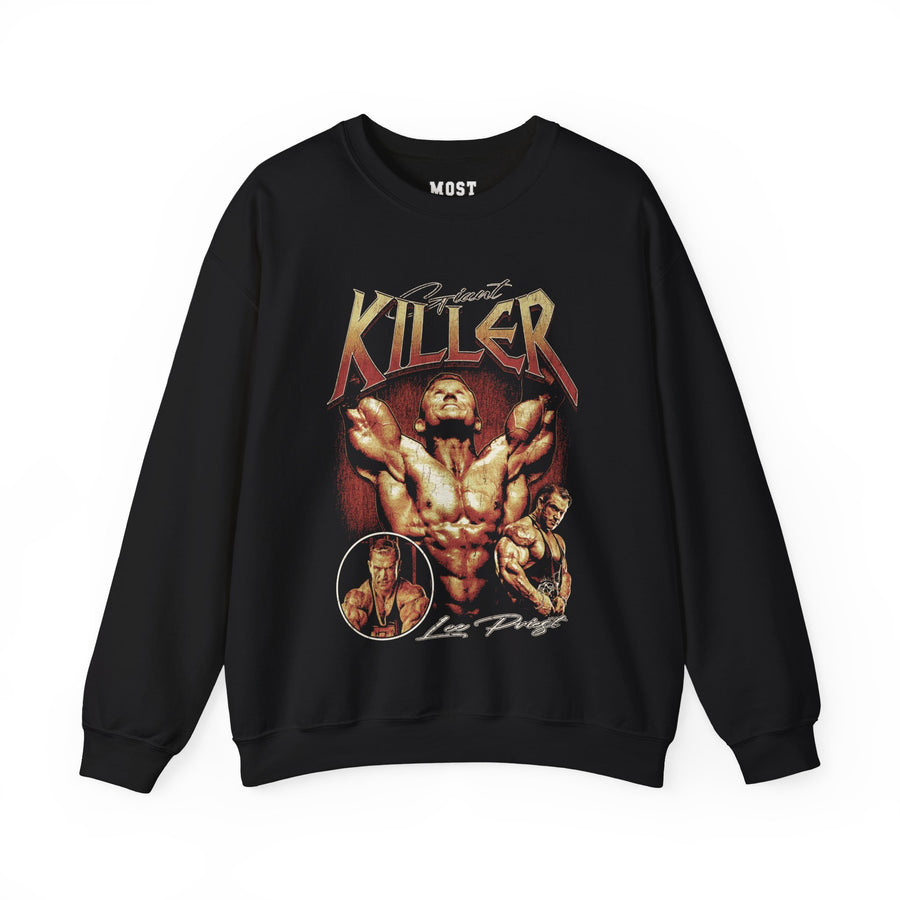 Lee Priest Giant Killer gym pump cover crewneck front flat lay on white background