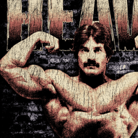 Close-up detail of Mike Mentzer Heavy Duty vintage tribute with double-bicep pose against dark brick wall and melting distressed display typography showing cracked vintage print texture
