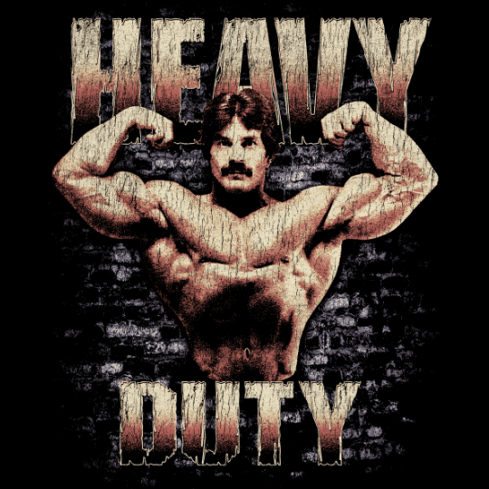 Mike Mentzer Heavy Duty vintage tribute with double-bicep pose against dark brick wall and melting distressed display typography by Most Natty