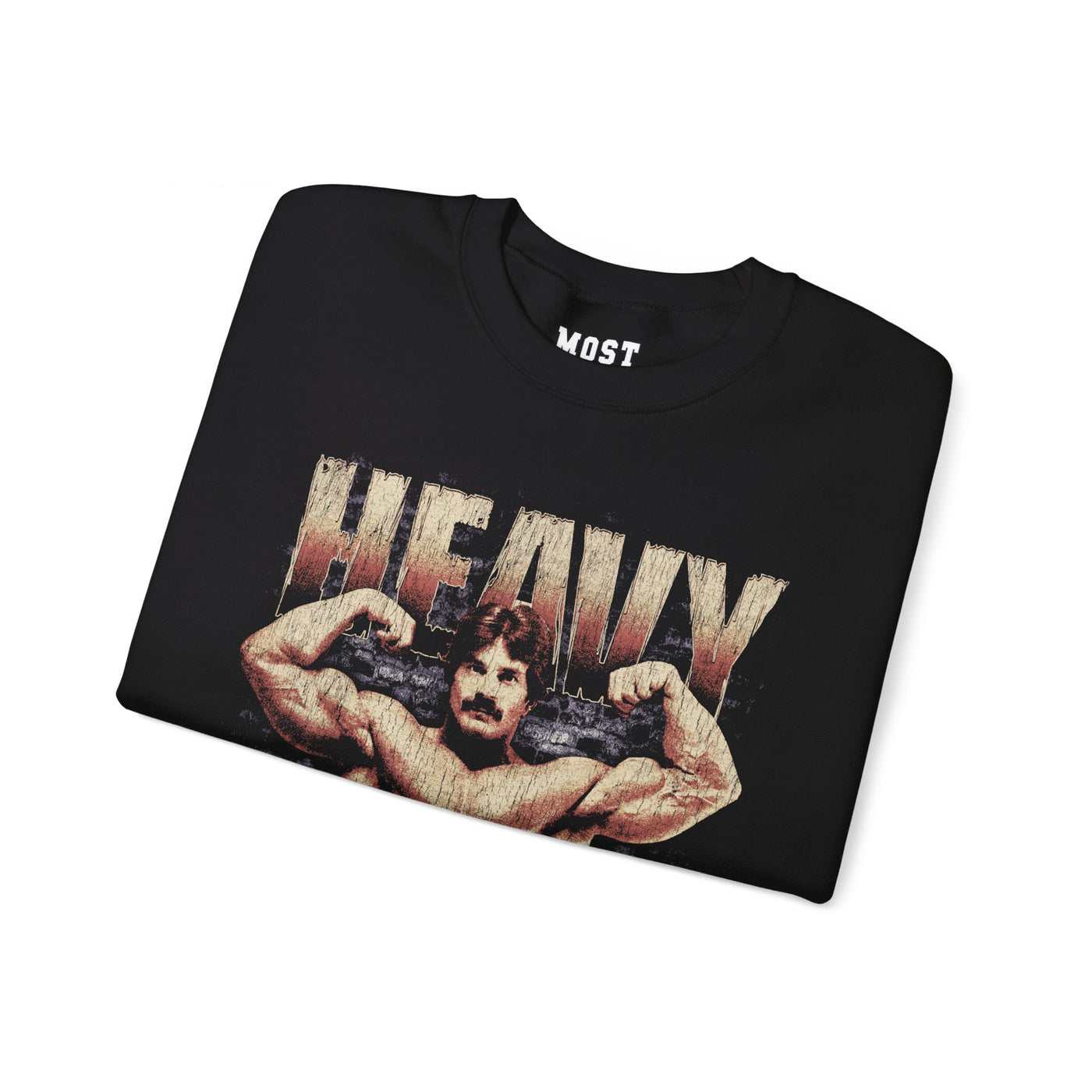 Mike Mentzer Heavy Duty gym pump cover crewneck folded showing black fleece fabric and relaxed fit