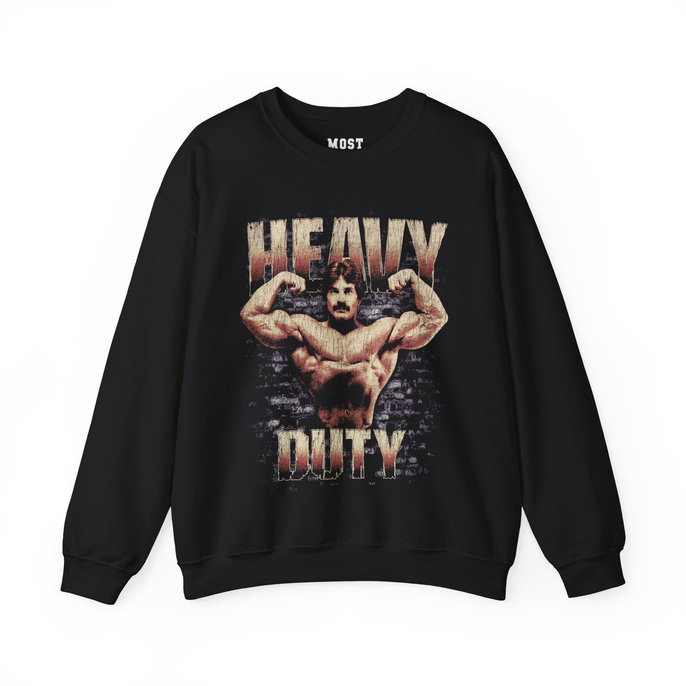 Mike Mentzer Heavy Duty gym pump cover crewneck front flat lay on white background