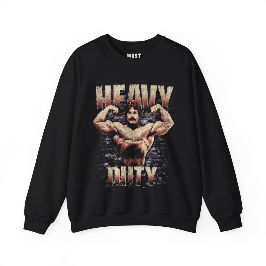 Mike Mentzer Heavy Duty gym pump cover crewneck front flat lay on white background