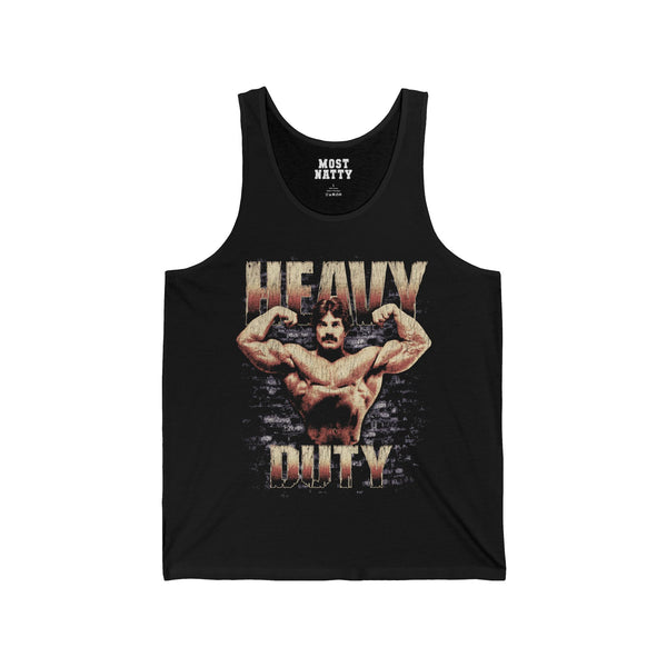 Mike Mentzer Heavy Duty gym tank top front flat lay on white background