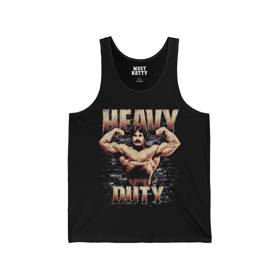 Mike Mentzer Heavy Duty gym tank top front flat lay on white background