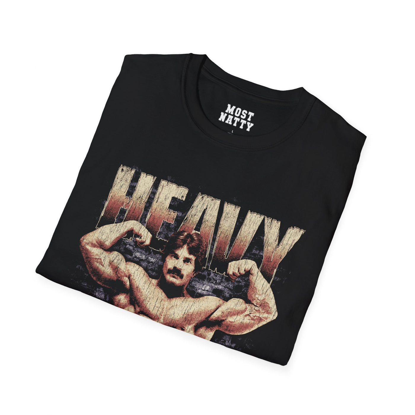 Most Natty Heavy Duty gym t-shirt folded showing black garment fabric and classic fit
