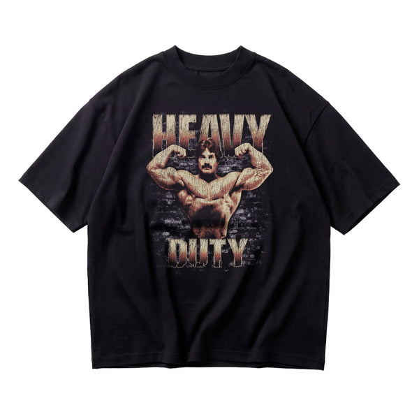 Mike Mentzer Heavy Duty oversized gym t-shirt front flat lay on white background