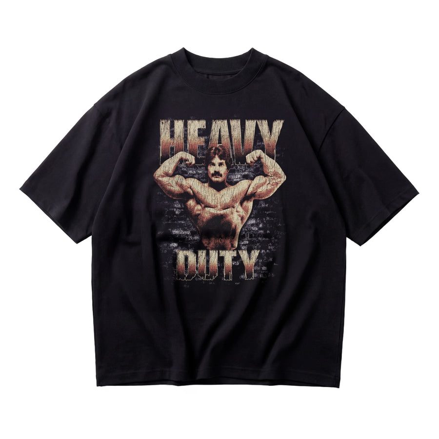 Mike Mentzer Heavy Duty oversized gym t-shirt front flat lay on white background