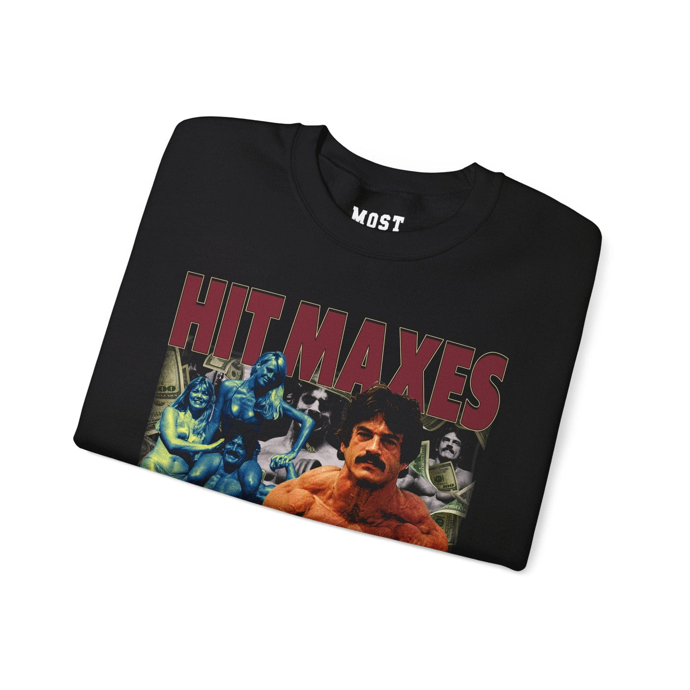 Mike Mentzer Hit Maxes Evade Taxes gym pump cover crewneck folded showing black fleece fabric and relaxed oversized fit