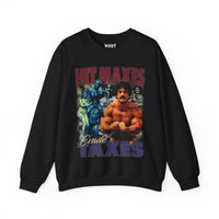 Mike Mentzer Hit Maxes Evade Taxes gym pump cover crewneck front flat lay on white background