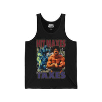 Most Natty Hit Maxes Evade Taxes gym tank top featuring Mike Mentzer graphic front flat lay on white background