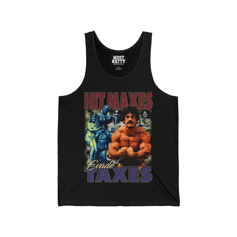 Most Natty Hit Maxes Evade Taxes gym tank top featuring Mike Mentzer graphic front flat lay on white background
