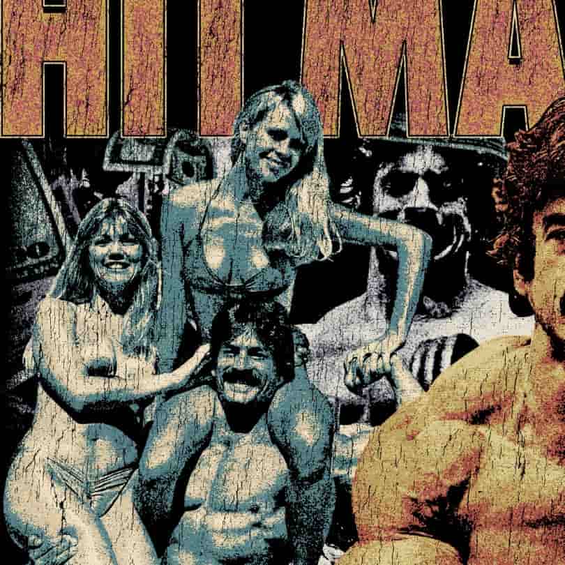 Close-up detail of Hit Maxes Evade Taxes vintage print graphic showing cracked, faded, sun-bleached texture, and Mike Mentzer