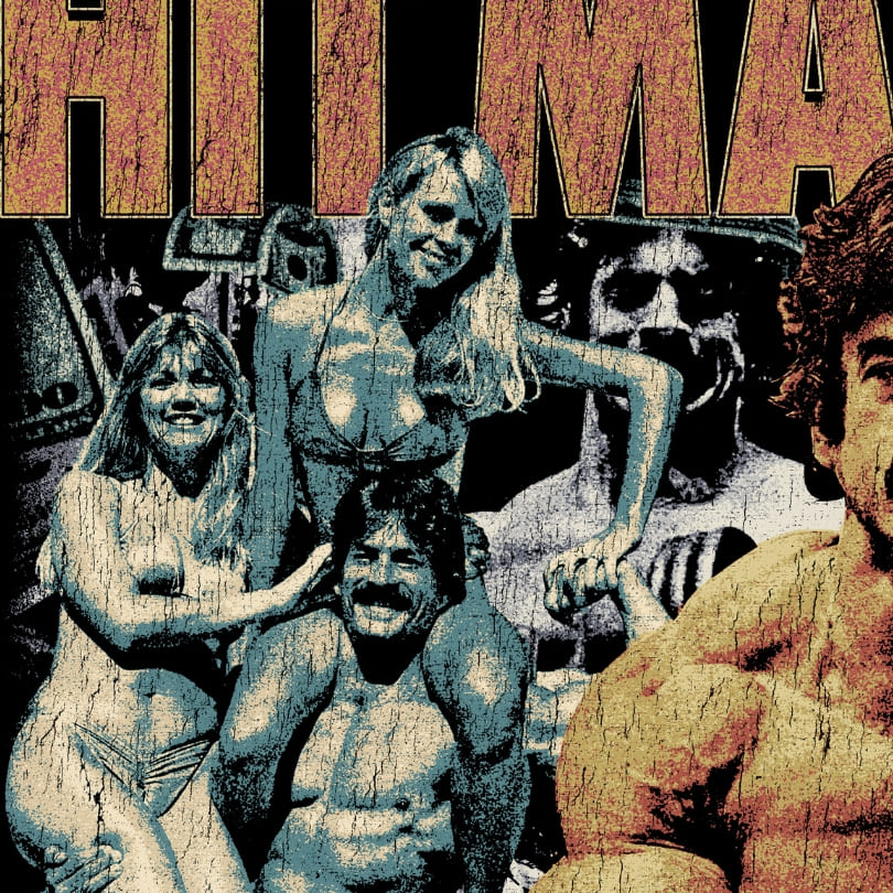 Close-up detail of Hit Maxes Evade Taxes vintage print graphic showing cracked, faded, sun-bleached texture, and Mike Mentzer