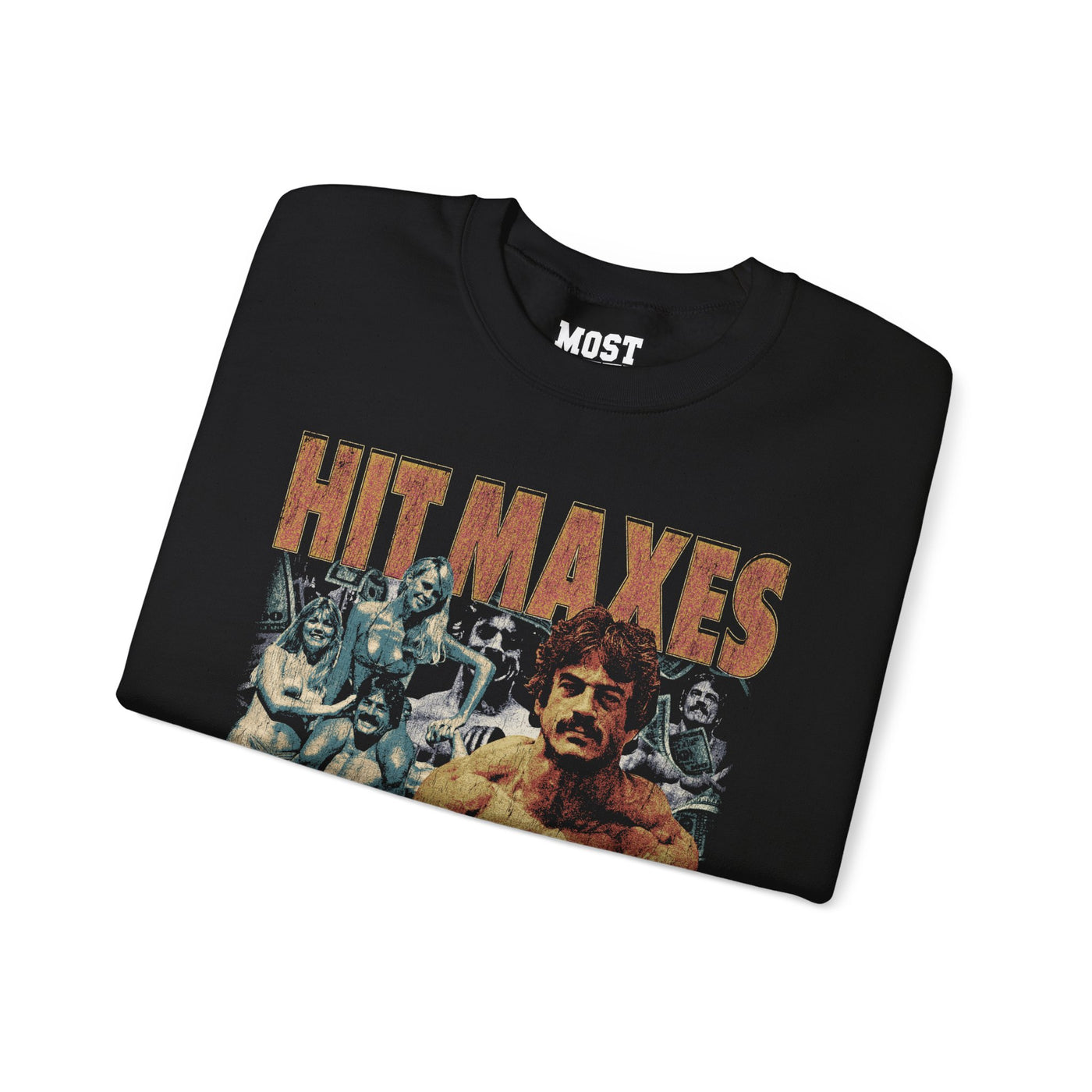 Mike Mentzer Hit Maxes Evade Taxes Vintage gym pump cover crewneck folded showing black fleece fabric and relaxed oversized fit