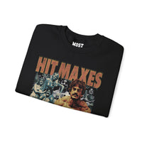 Mike Mentzer Hit Maxes Evade Taxes Vintage gym pump cover crewneck folded showing black fleece fabric and relaxed oversized fit