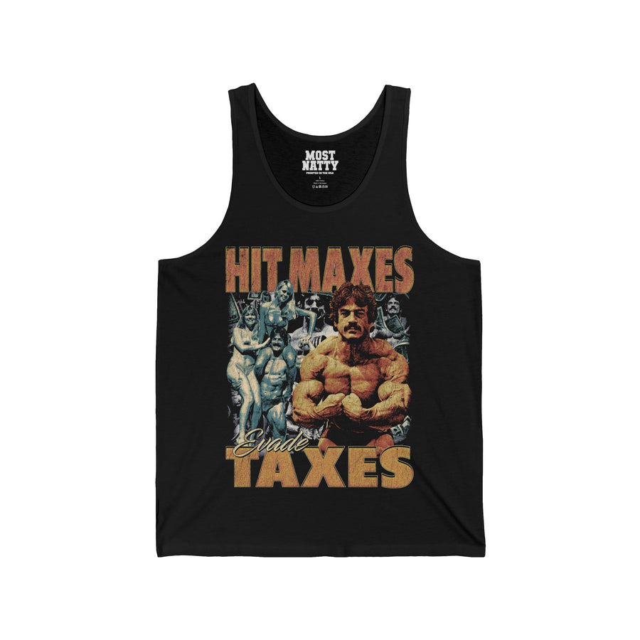 Mike Mentzer Hit Maxes Evade Taxes Vintage gym tank top front flat lay on white background