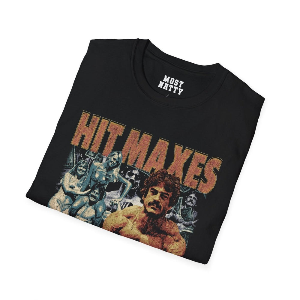 Most Natty Hit Maxes Evade Taxes Vintage gym t-shirt folded showing black garment fabric and classic fit