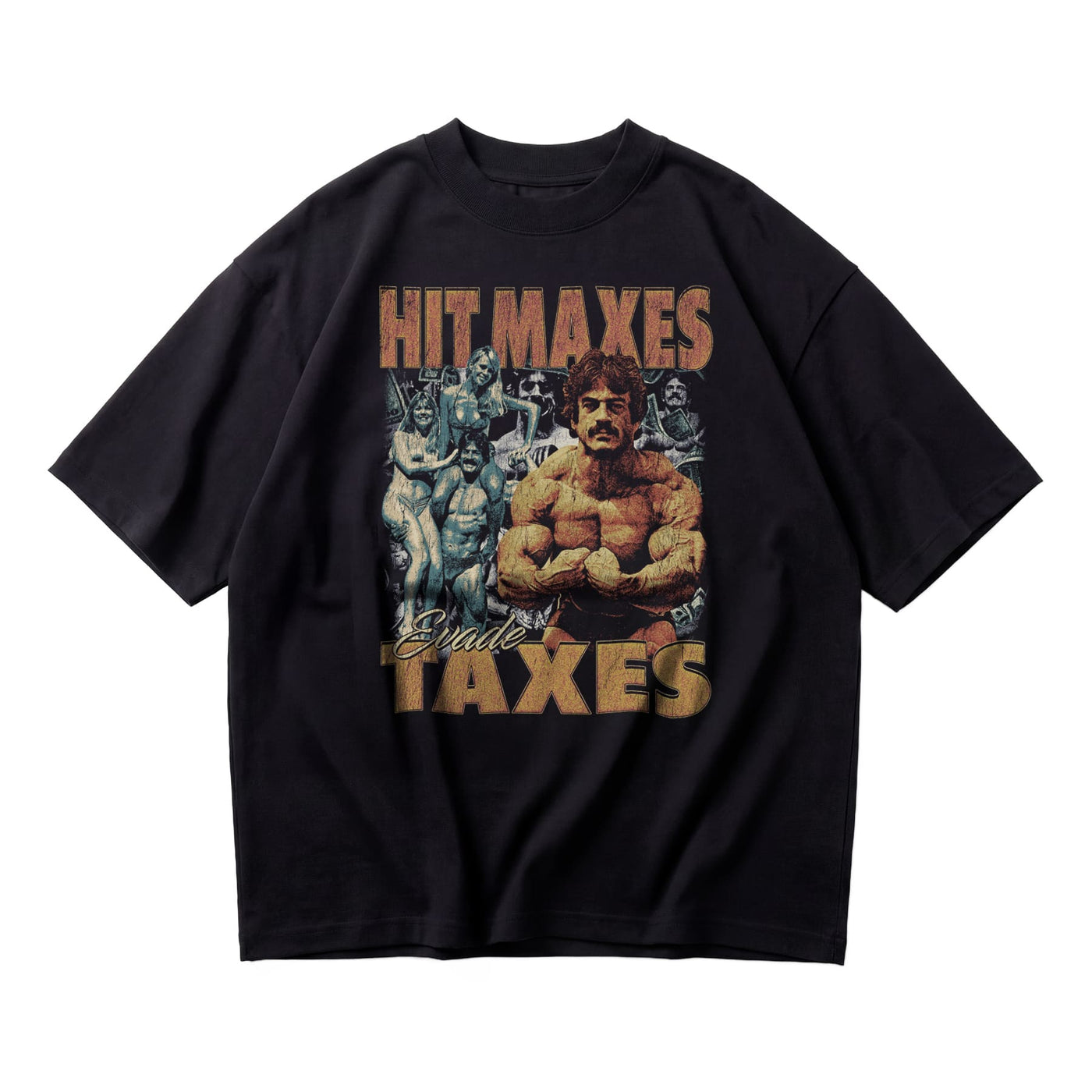 Most Natty Hit Maxes Evade Taxes Vintage oversized gym t-shirt featuring Mike Mentzer, front flat lay on white background