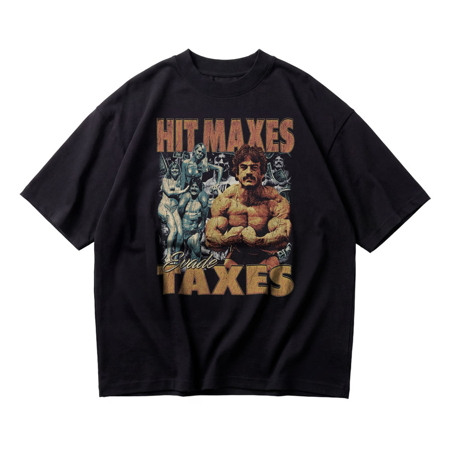 Most Natty Hit Maxes Evade Taxes Vintage oversized gym t-shirt featuring Mike Mentzer, front flat lay on white background