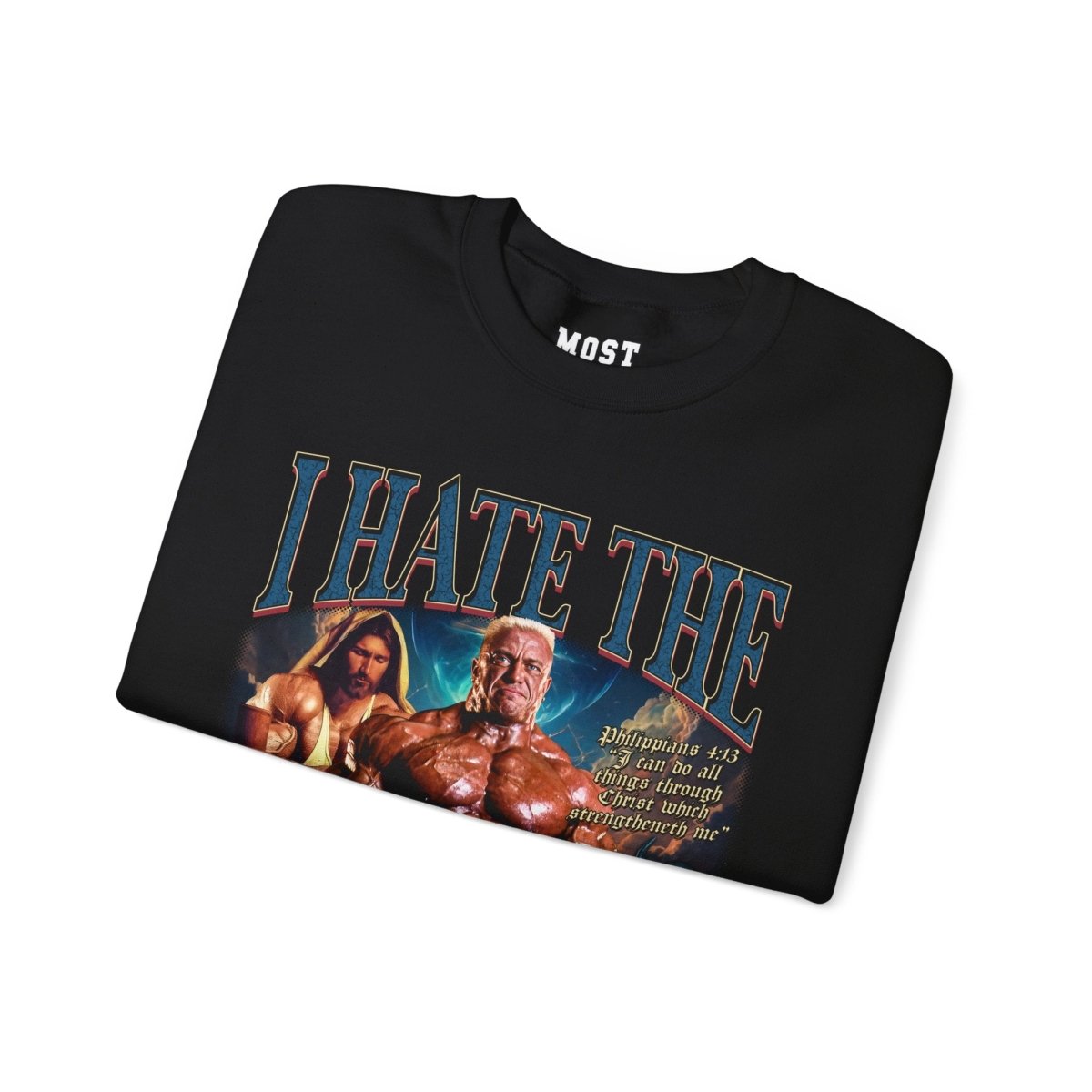 Markus Ruhl I Hate the Antichrist gym pump cover crewneck folded showing black fleece fabric and relaxed fit