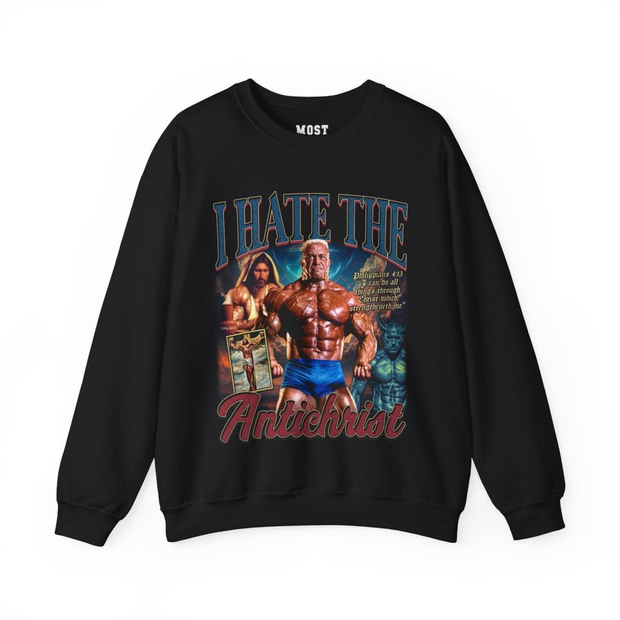 Markus Ruhl I Hate the Antichrist gym pump cover crewneck front flat lay on white background