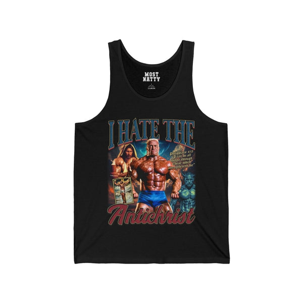 Most Natty I Hate the Antichrist gym tank top front flat lay on white background
