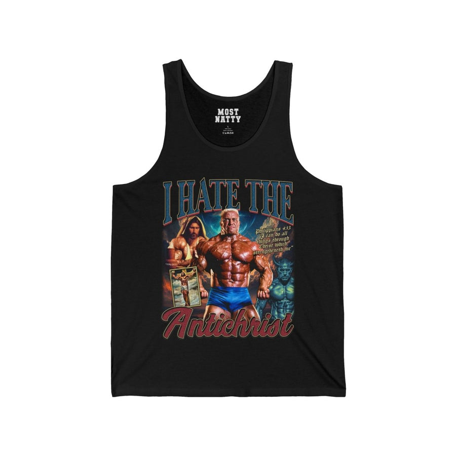 Most Natty I Hate the Antichrist gym tank top front flat lay on white background