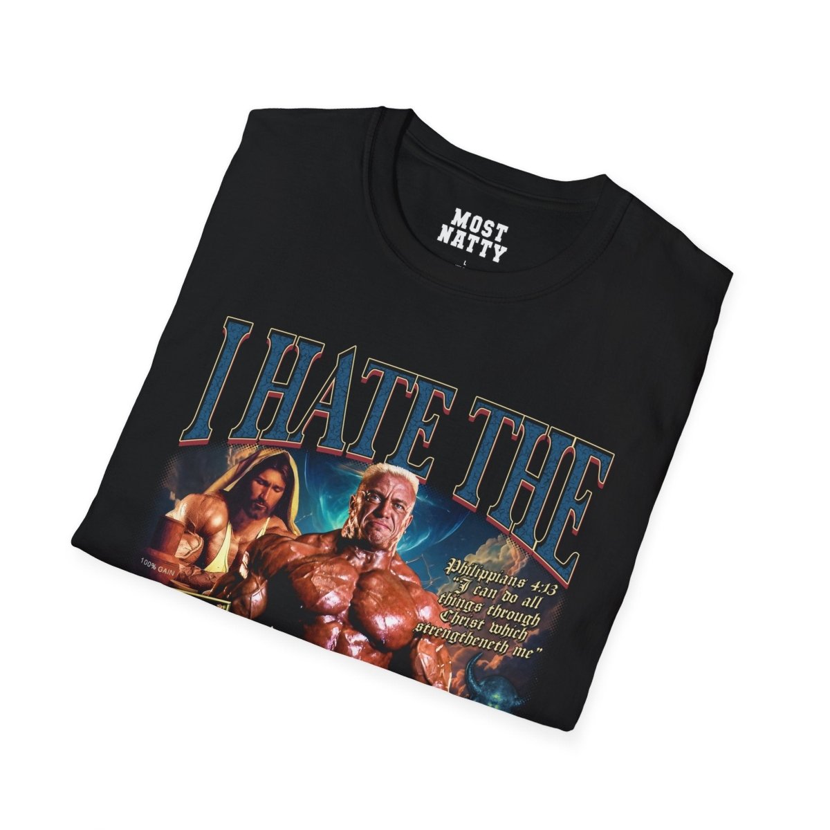 Most Natty I Hate the Antichrist gym t-shirt folded showing black garment fabric and classic fit