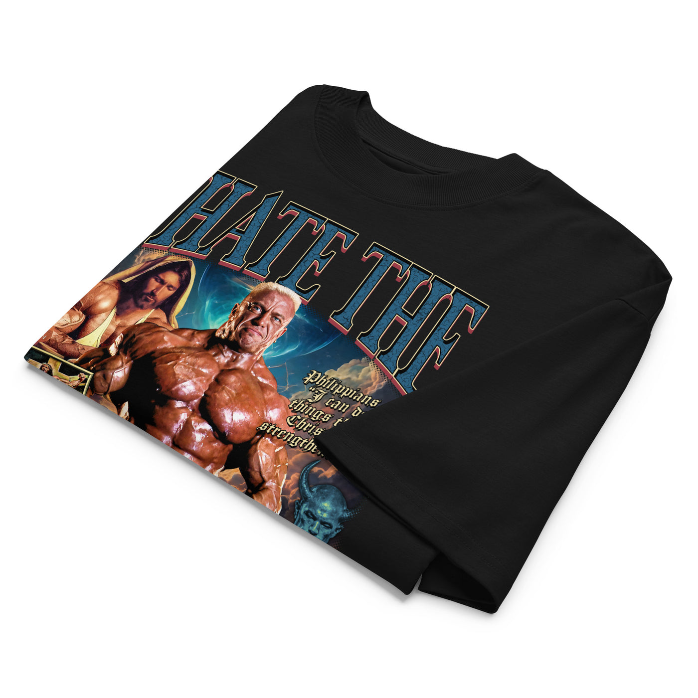 Markus Ruhl  I Hate the Antichrist oversized gym t-shirt folded showing black garment fabric and drop-shoulder cut