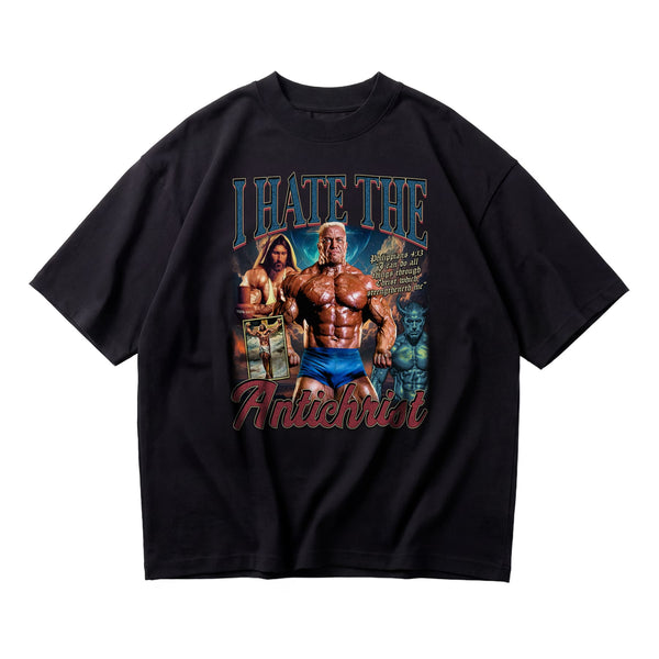 Markus Ruhl I Hate the Antichrist oversized gym t-shirt front flat lay on white background