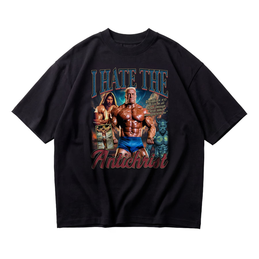 Markus Ruhl I Hate the Antichrist oversized gym t-shirt front flat lay on white background